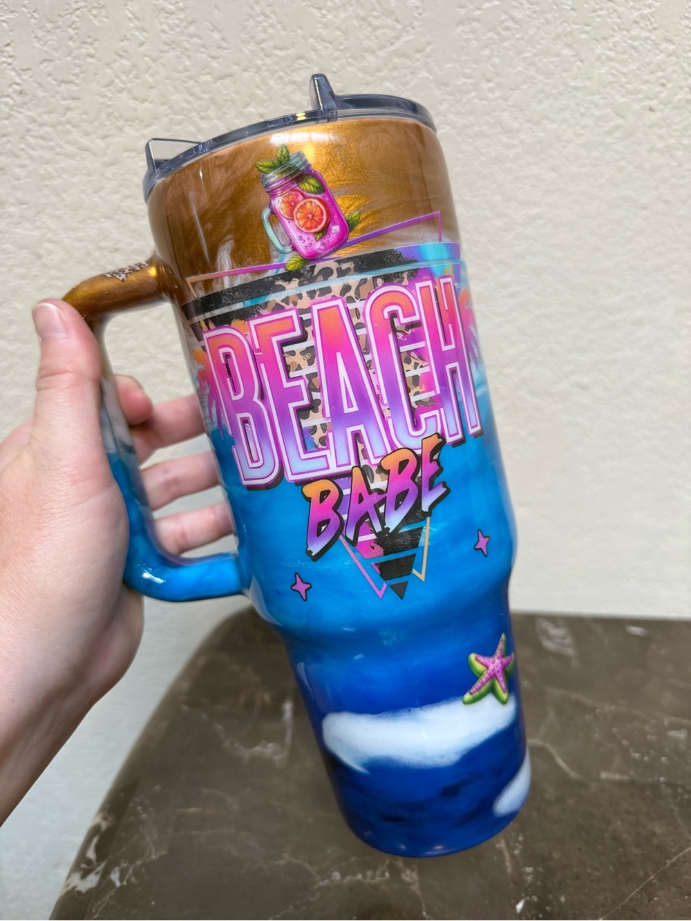 Beach Babe Ocean Scene Tumbler Cup 40 oz with Handle Handmade